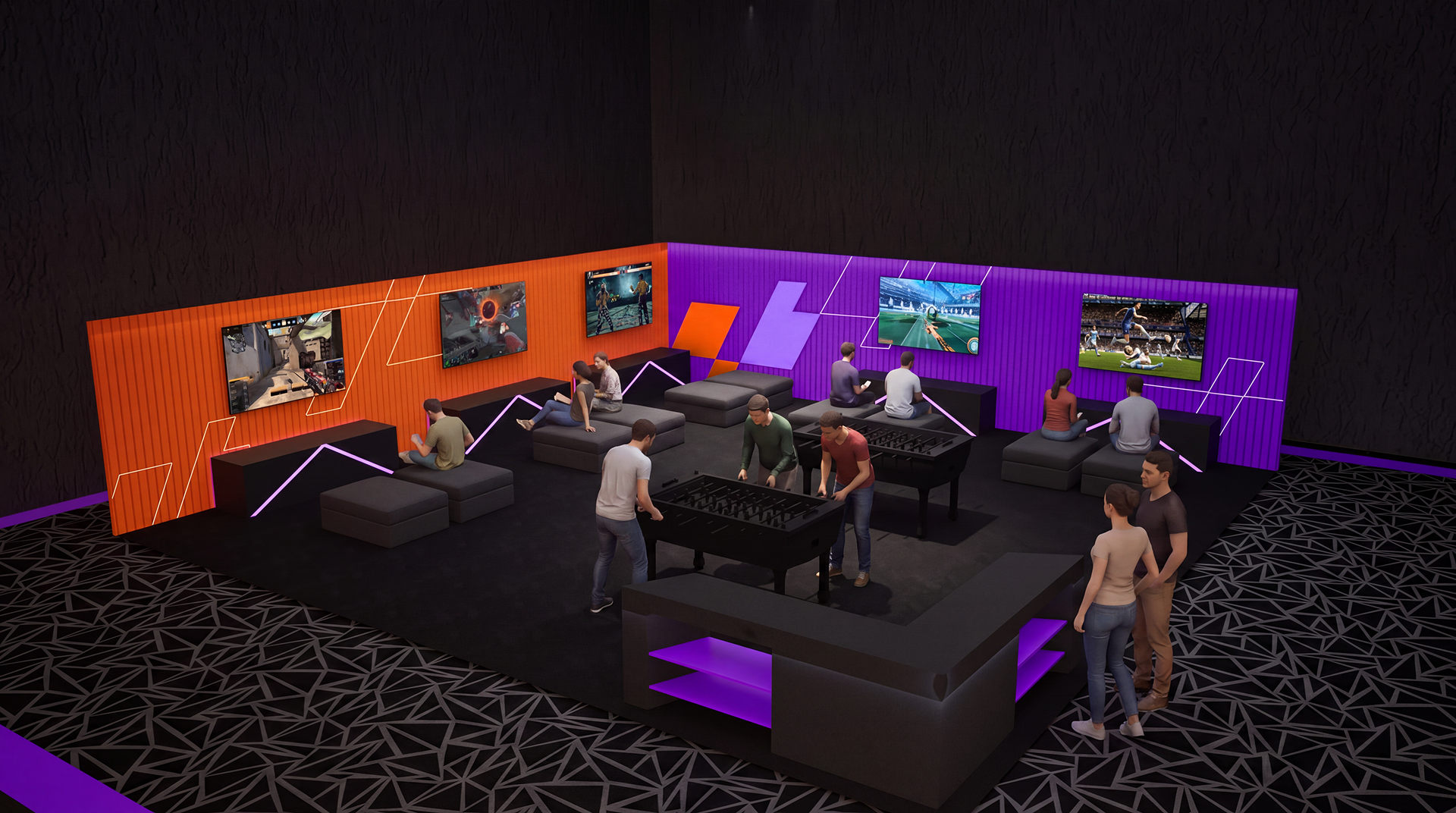 Gaming tournament stage setup with large screens and seating for spectators in QB Cup